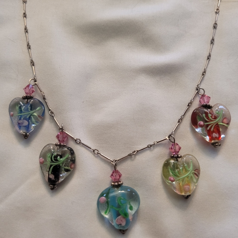 Vintage Sterling Venetian Murano Lampwork Heart Bead 925 Silver Charm Necklace - Picture 2 of 11